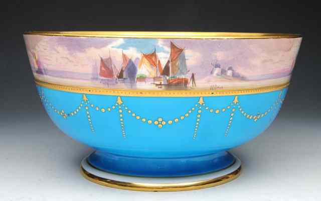 Appraisal: A TH CENTURY MINTONS TURQUOISE GROUND BOWL painted with shipping