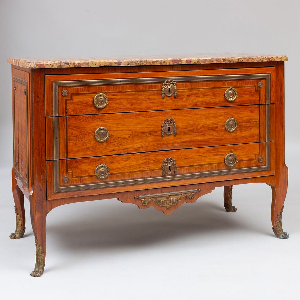 Appraisal: Louis XV XVI Ormolu-Mounted Tulipwood and Mahogany Parquetry Commode Fitted