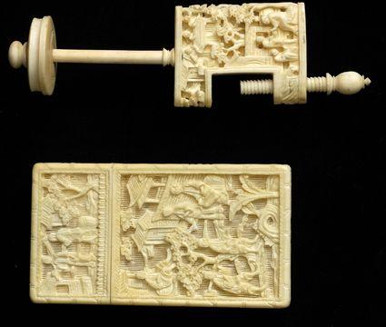 Appraisal: CHINESE CARVED IVORY VISE AND A FILIGREE CALLING CARD CASE