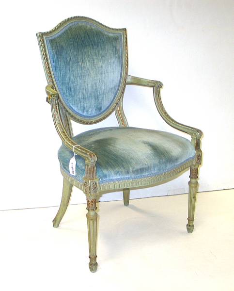 Appraisal: A Louis XVI style painted and parcel gilt fauteuil th