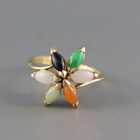 Appraisal: Jade Ring multi-color marquise jade in k yellow gold flora