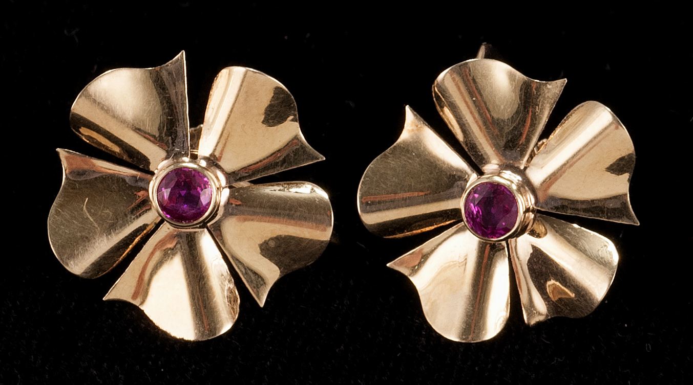 Appraisal: PAIR OF GOLD AND RUBY EARRINGS Attributed to Tiffany Co