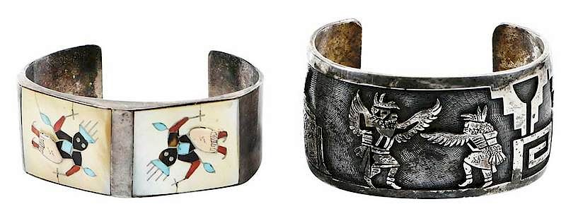 Appraisal: Two Southwestern Silver Cuff Bracelets kachina design stamped with maker's