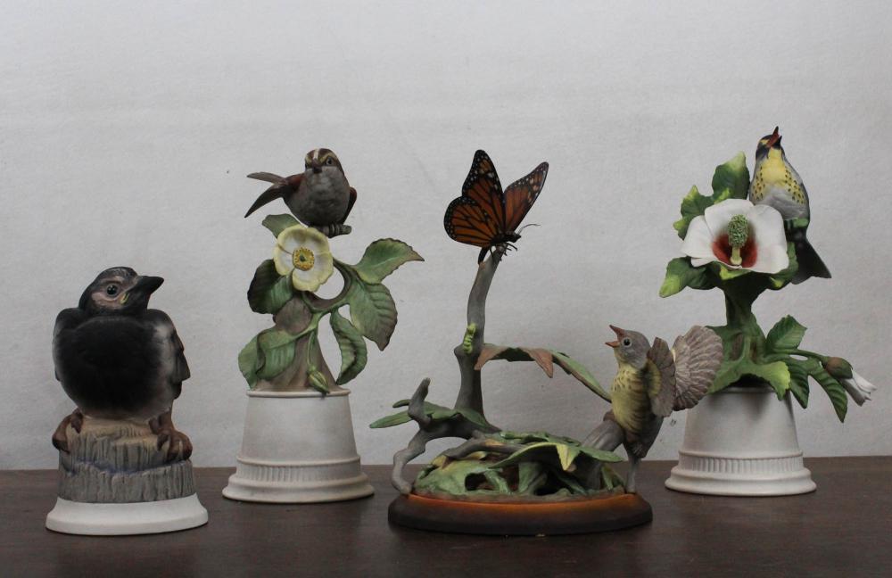 Appraisal: FOUR BOEHM PORCELAIN BISQUE FIGURAL SCULPTURES comprised of Fledgling Canadian