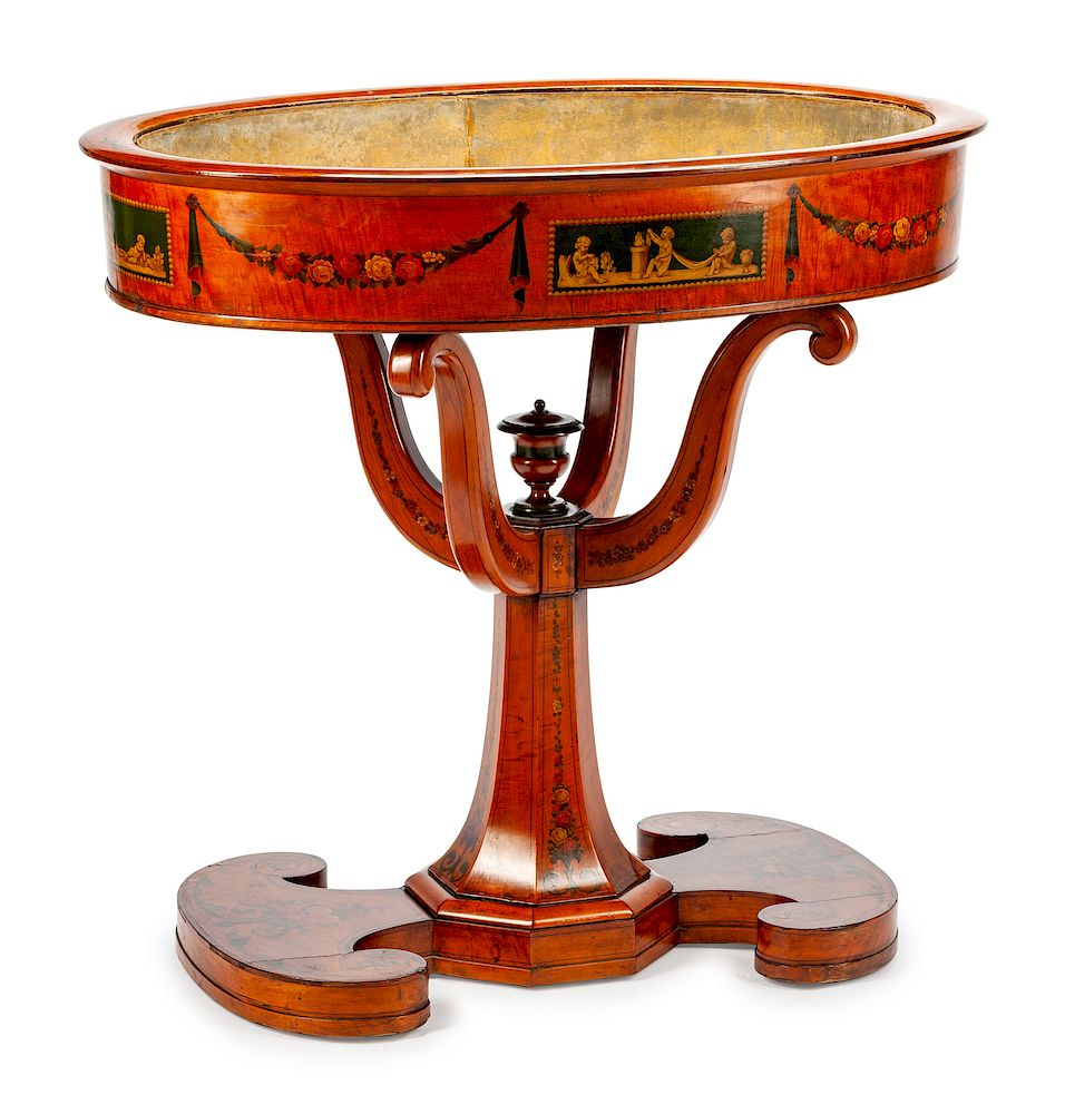 Appraisal: An Edwardian Painted Satinwood Jardiniere An Edwardian Painted Satinwood Jardiniere