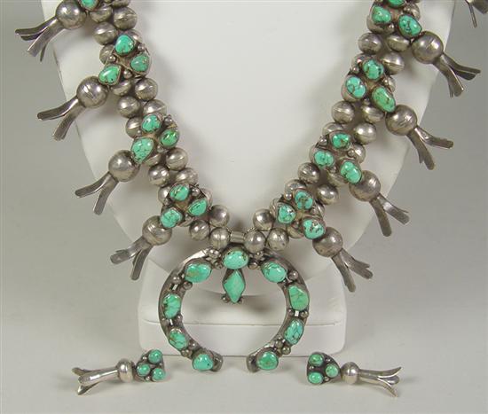 Appraisal: Navajo Silver Turquoise Squash Blossom Necklace Circa mid- 's long