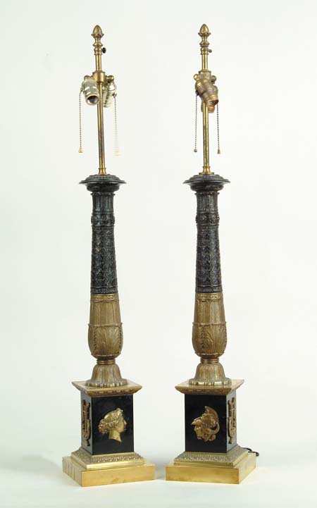 Appraisal: PAIR OF FRENCH EMPIRE BRONZE STYLE TABLE LAMPS Central column