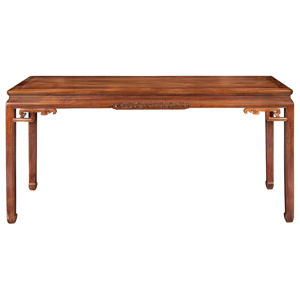 Appraisal: Chinese Hardwood Altar Table The paneled rectangular top with scroll