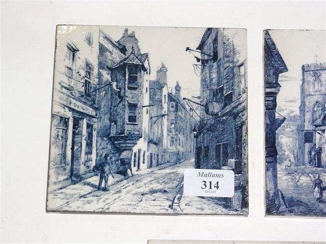 Appraisal: FIVE MINTON TILES blue white images of towns x