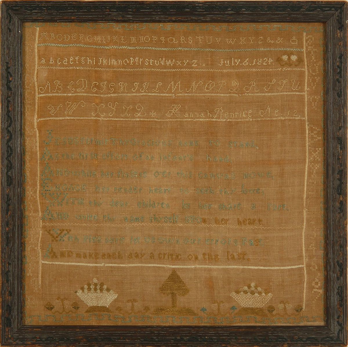 Appraisal: FRAMED AMERICAN NEEDLEWORK SAMPLER Wrought by Hannah Prentice age July