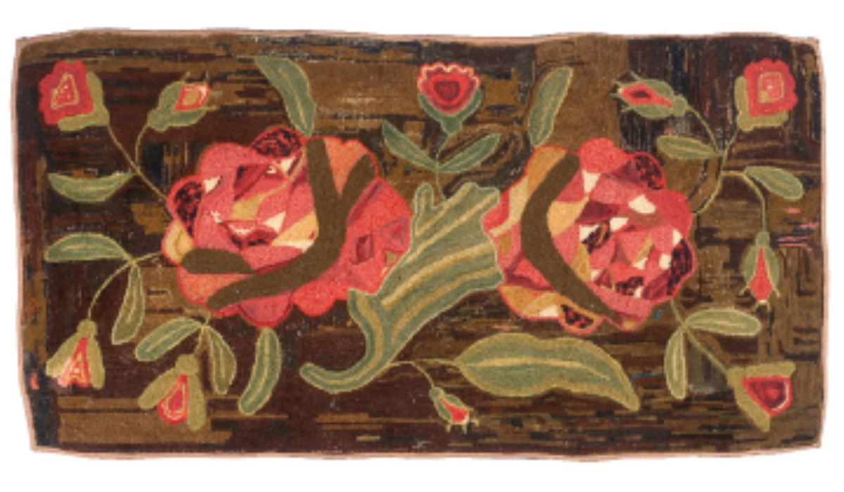 Appraisal: NEW ENGLAND HOOKED AND SHIRRED RUG WITH STYLIZED RED FLOWERS