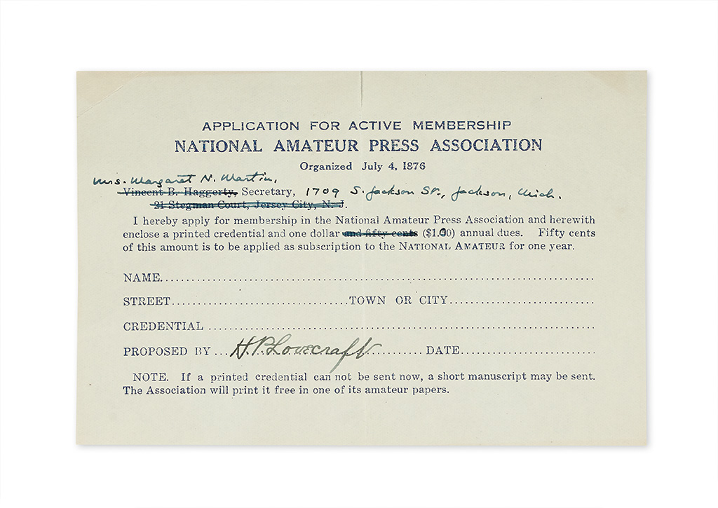 Appraisal: LOVECRAFT H P Partly-printed Document Signed unaccomplished proposing a new