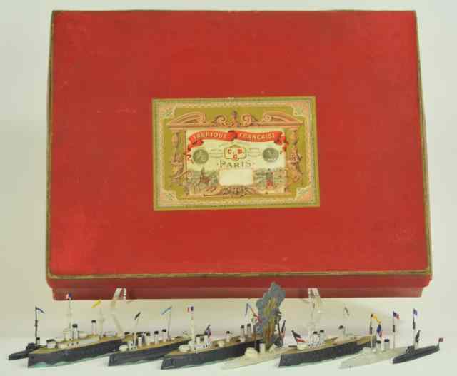 Appraisal: MIGNET BOXED BATTLE SHIPS DIORAMA French c extensive detail to