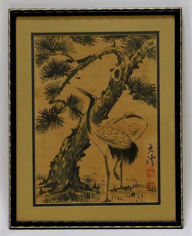 Appraisal: Japanese Meiji Period Ink Drawing of Two Cranes Japan Meiji