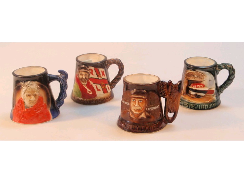 Appraisal: Four Great Yarmouth pottery commemorative tankards Lifeboat Manchester Unity of