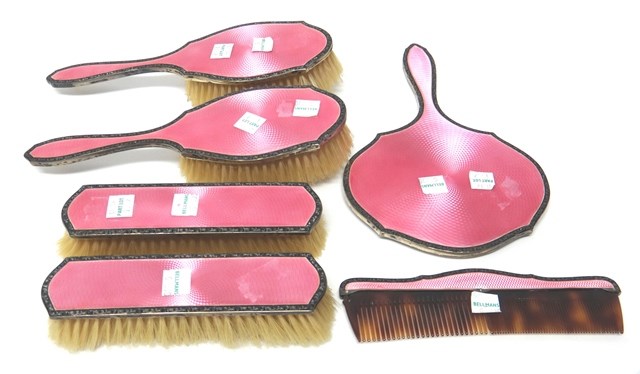 Appraisal: A lady's silver and pink enameled six piece dressing set