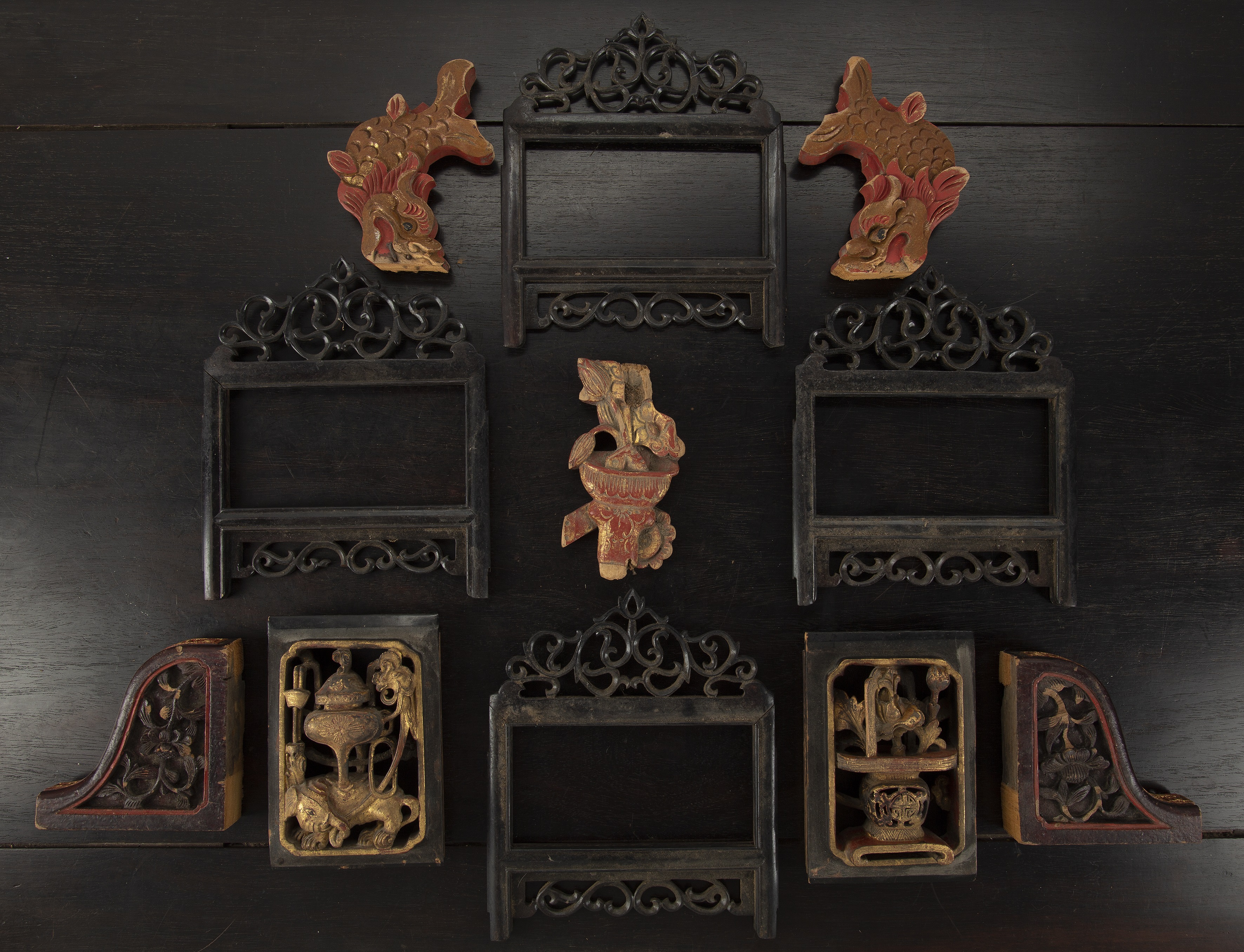 Appraisal: Group of frames and furniture carved bracketsChinese including elephant vase