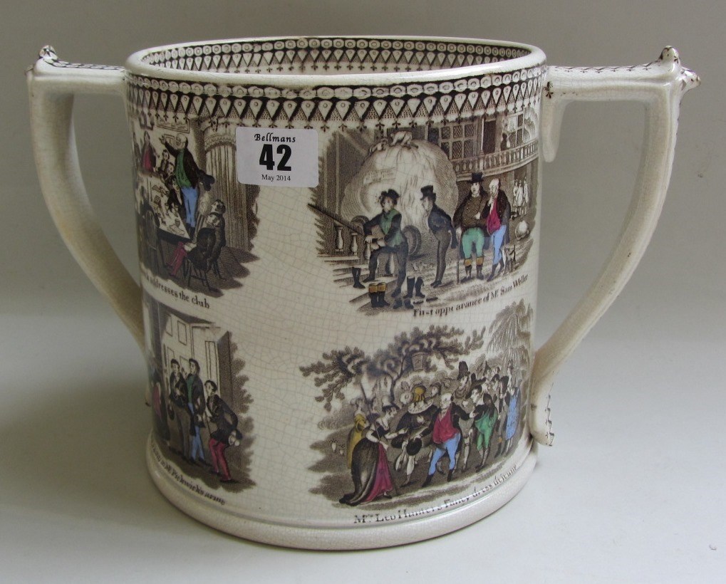 Appraisal: A Staffordshire pottery two handled loving cup th century transfer