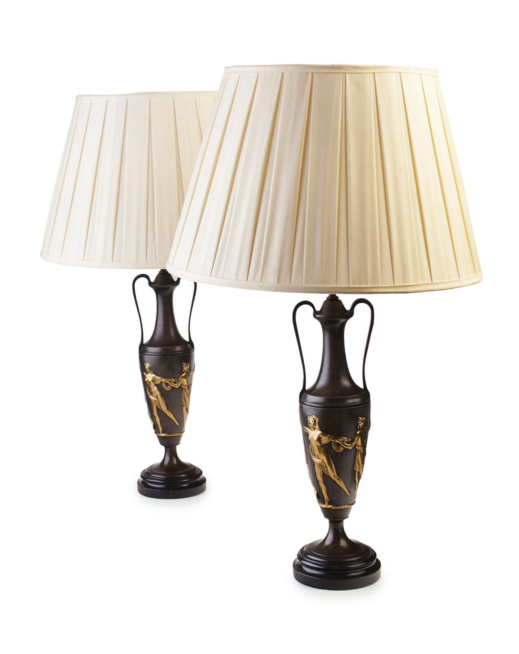 Appraisal: PAIR OF FRENCH PATINATED AND GILDED BRONZE LAMPS TH CENTURY