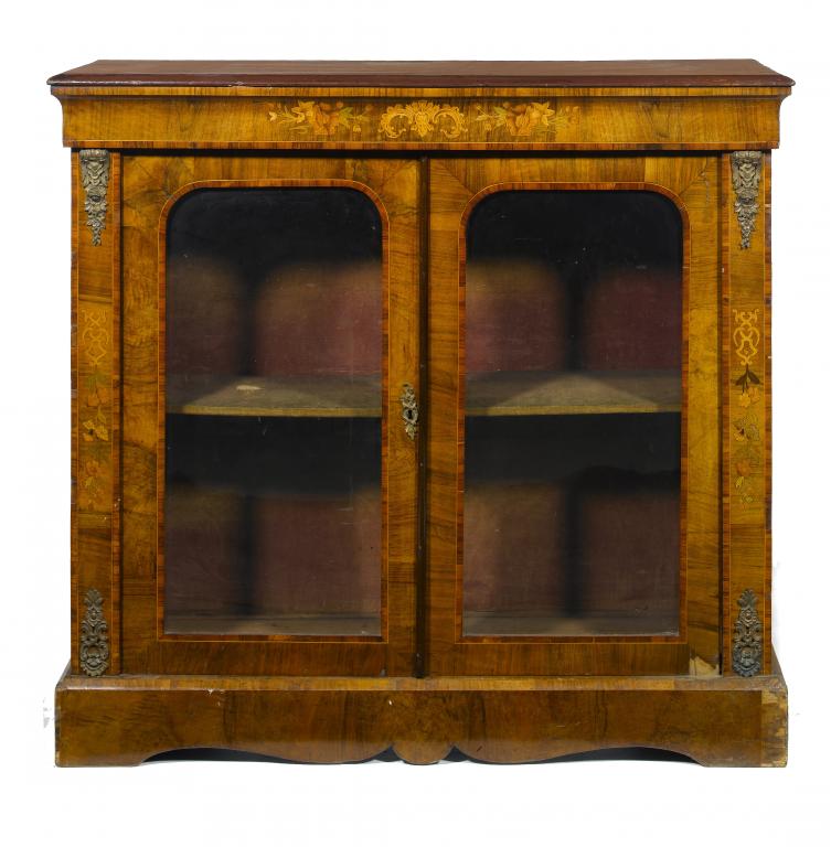 Appraisal: A VICTORIAN WALNUT AND MARQUETRY CABINET crossbanded in tulipwood and