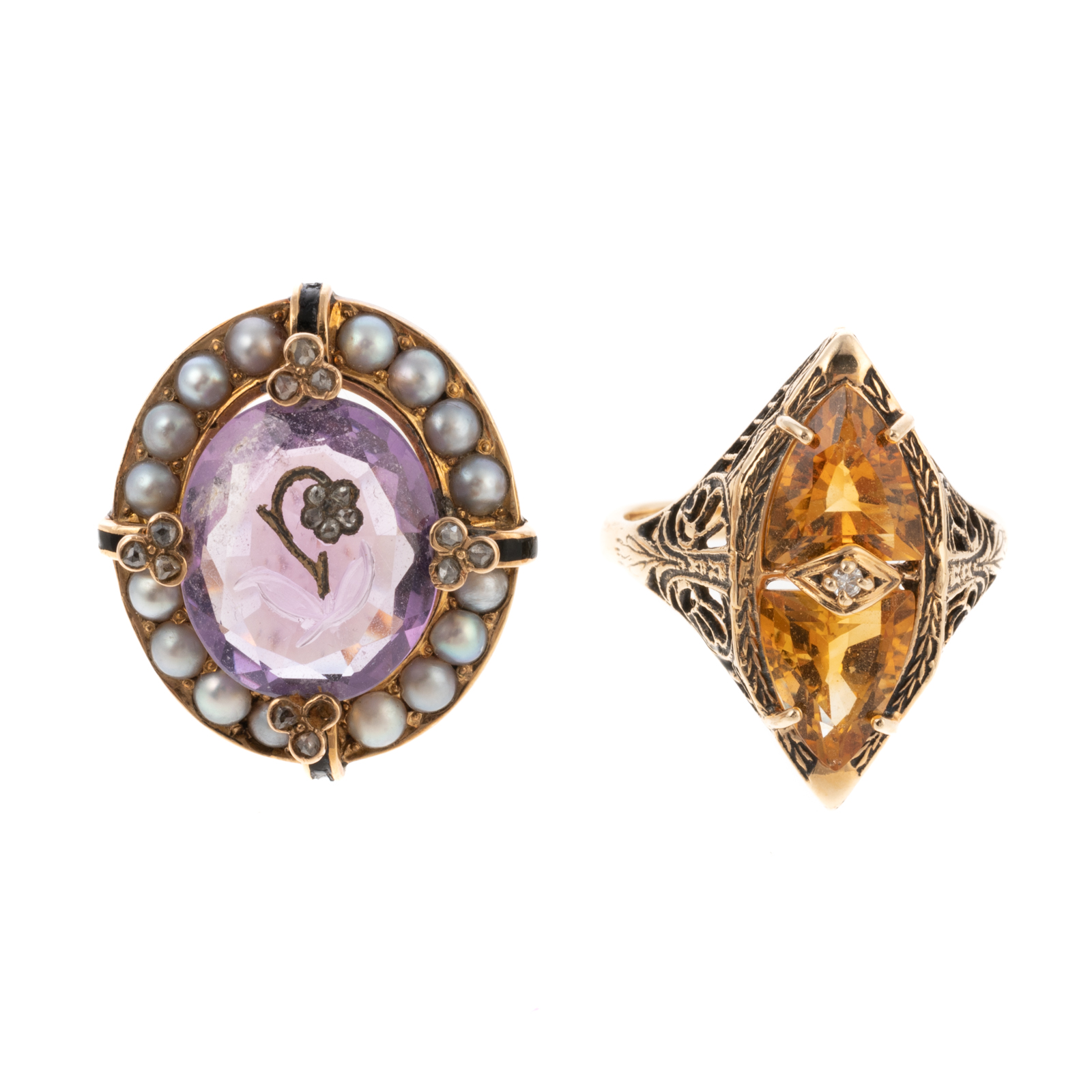 Appraisal: TWO ANTIQUE RINGS IN AMETHYST CITRINE GOLD K yellow gold