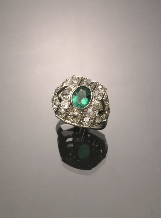 Appraisal: Art Deco Tested Platinum Emerald and Diamond Cocktail Ring Circa