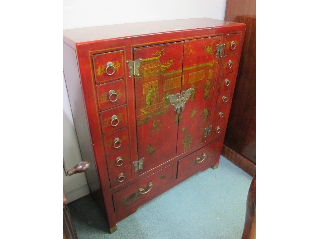 Appraisal: Oriental lacquered cupboard chest