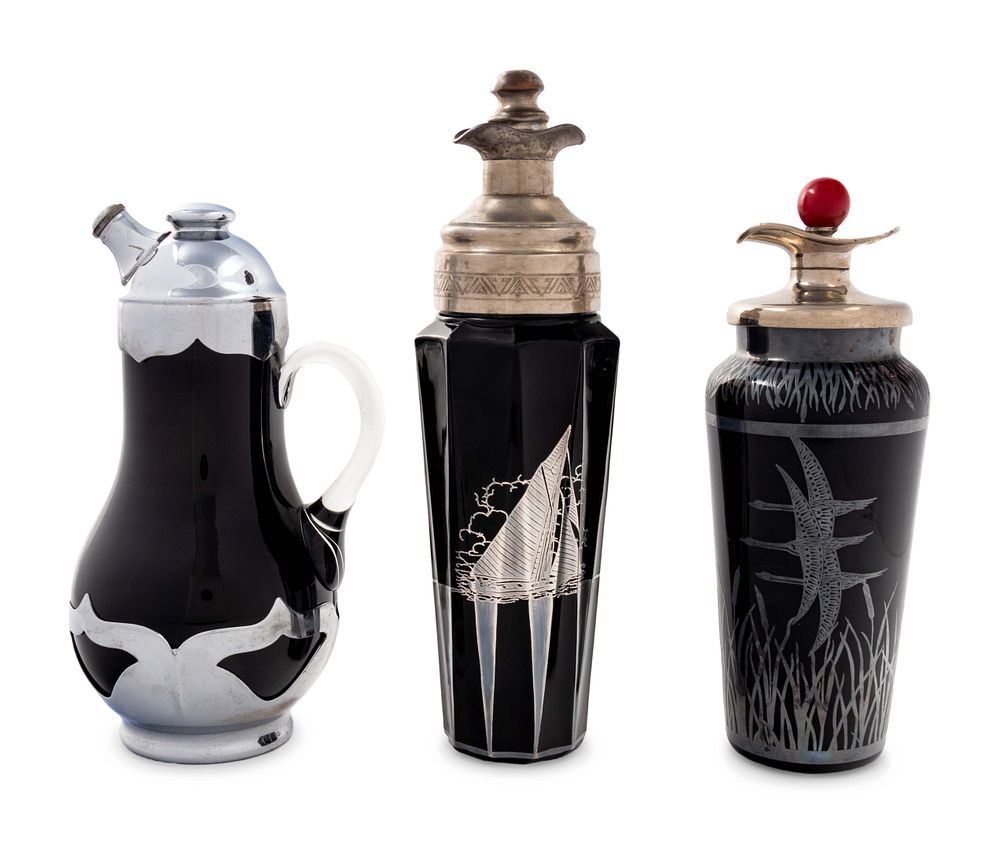 Appraisal: A Group of Three Black Glass Cocktail Shakers A Group