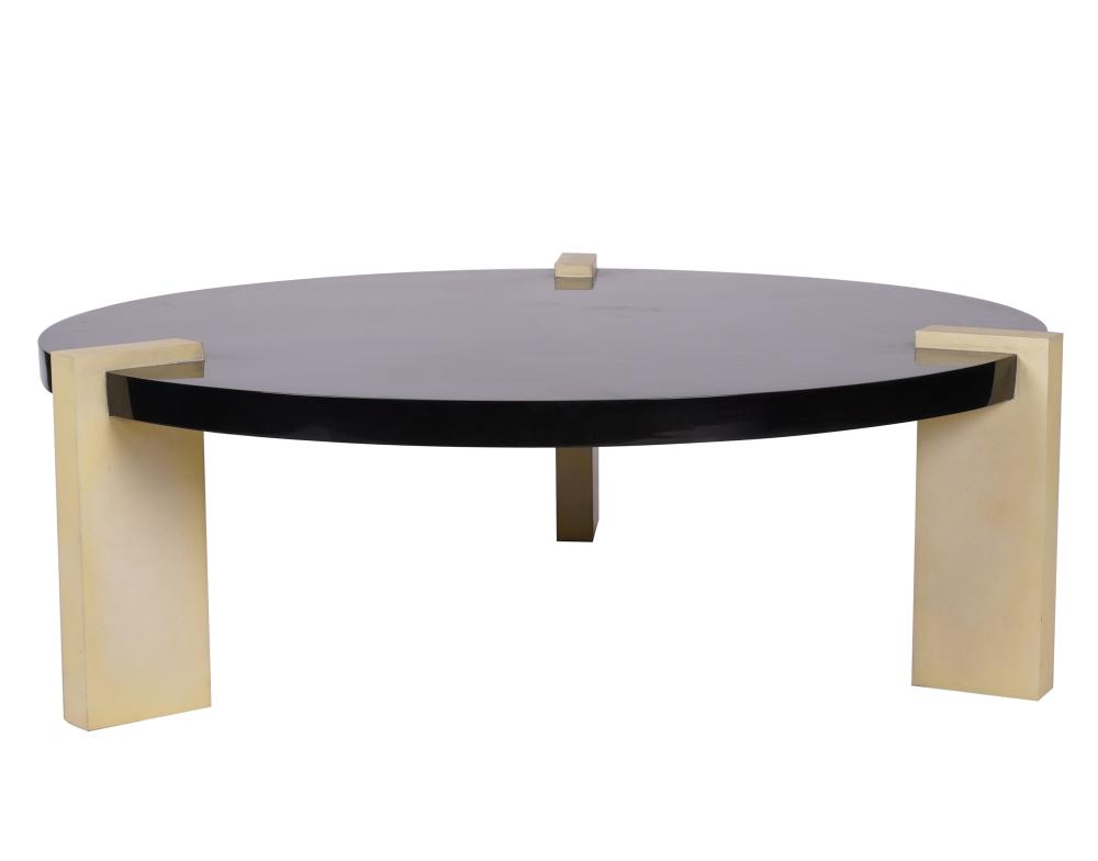 Appraisal: MODERNIST ROUND COFFEE TABLEblack lacquer and goatskin inches diameter inches