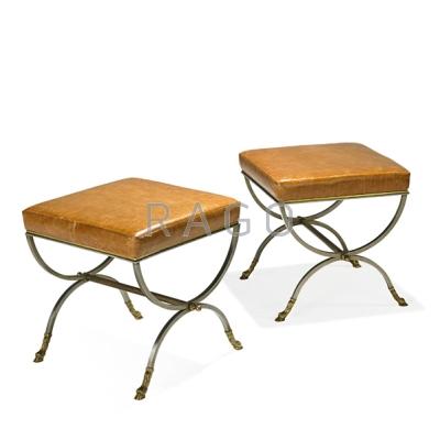 Appraisal: ITALIAN Pair of benches Italy s Matte-chromed steel brass leather