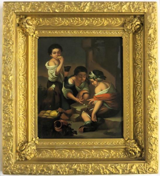 Appraisal: OIL ON TIN children playing with dice th century Image