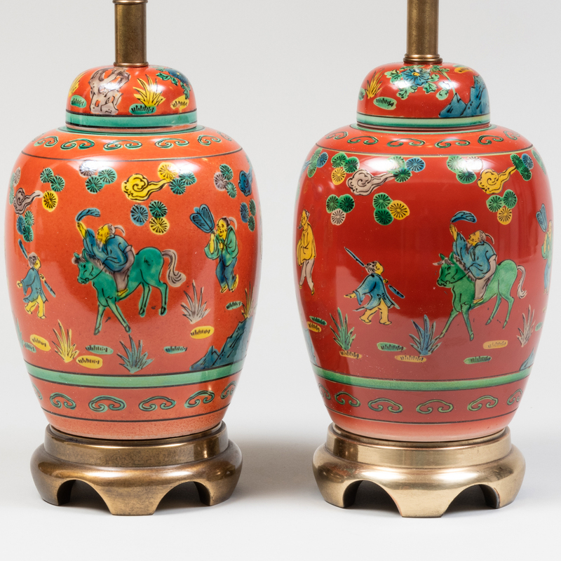 Appraisal: Pair of Chinese Iron Red Ground Porcelain Jars and Covers