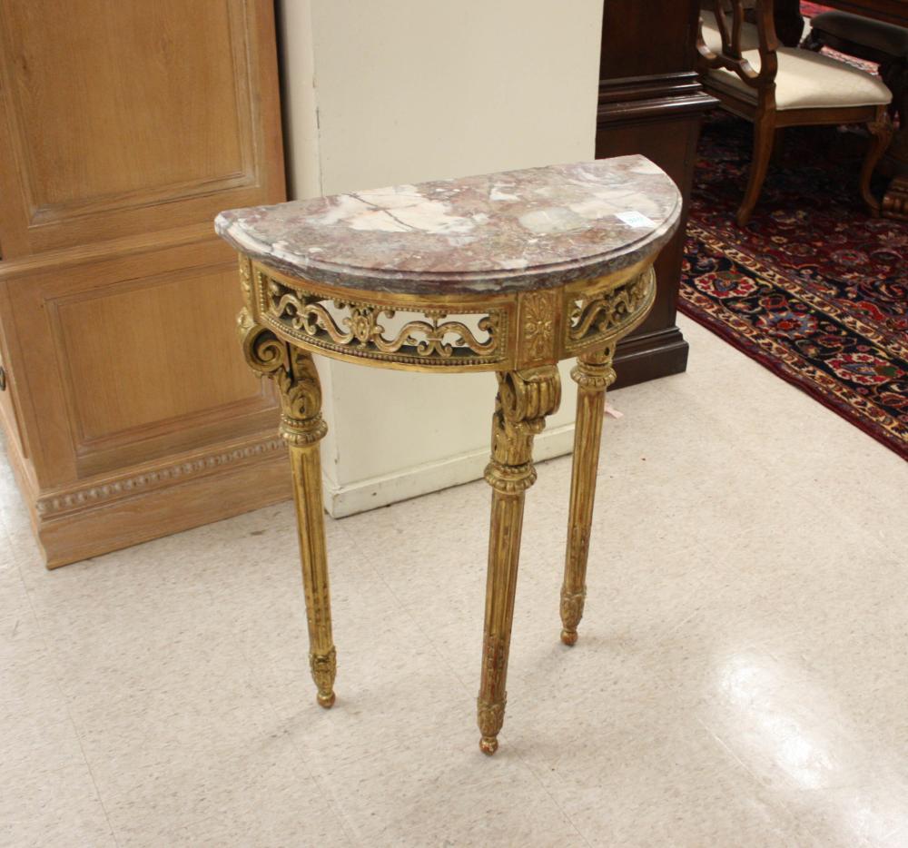 Appraisal: PETITE LOUIS XVI-STYLE DEMILUNE CONSOLE TABLE French th century rose