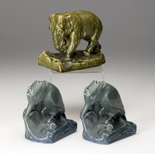 Appraisal: ROOKWOOD Three Production bookends two rooks and a single elephant