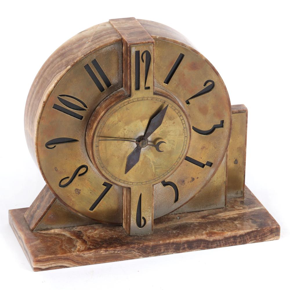 Appraisal: FRENCH ART DECO MARBLE MANTLE CLOCK WITH CUT-OUT BRONZE OVERLAY