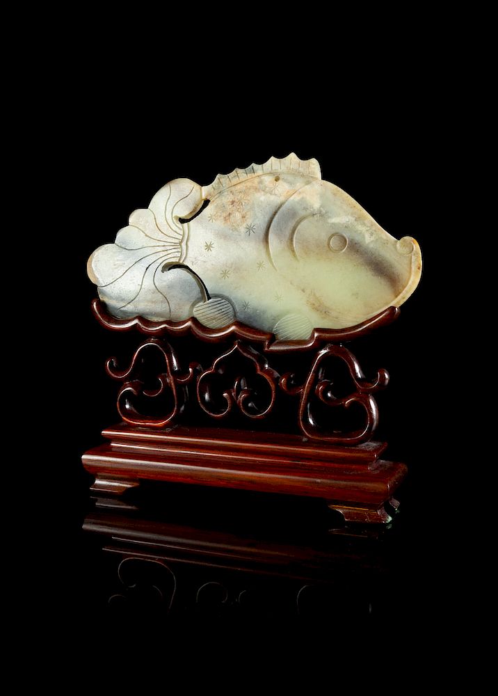 Appraisal: A Grey and Black Jade Fish Plaque Width in cm