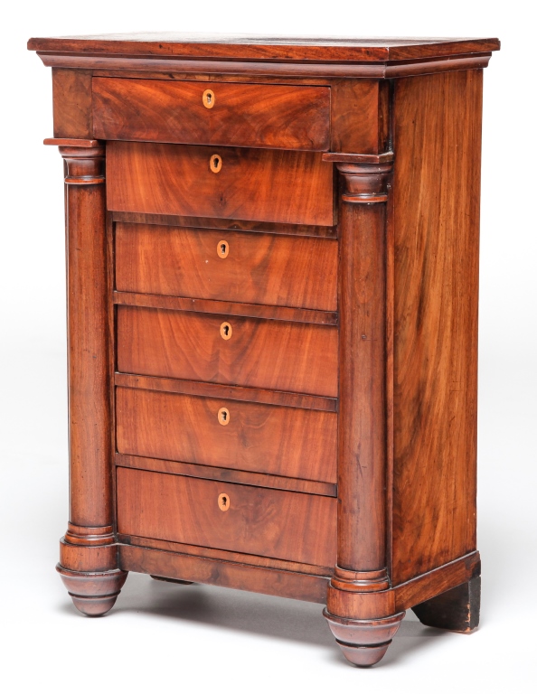 Appraisal: ENGLISH BIEDERMEIR MINIATURE CHEST Mid th century mahogany veneer with