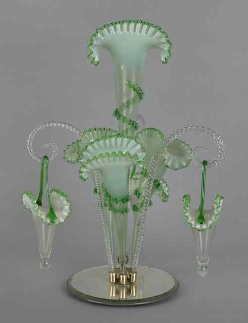 Appraisal: Green ruffle glass epergne with a mirror base h