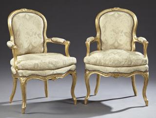 Appraisal: Pair of Louis XV Style Upholstered Gilt Fauteuils early th