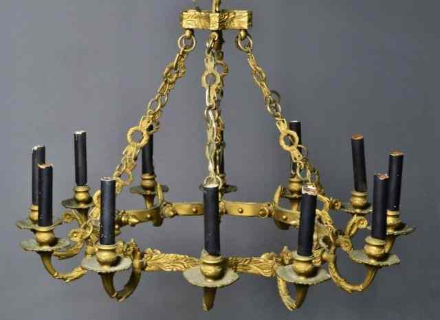 Appraisal: BRONZE ART NOVEAU LIGHT CHANDELIERElectrified Turn of the Century bronze