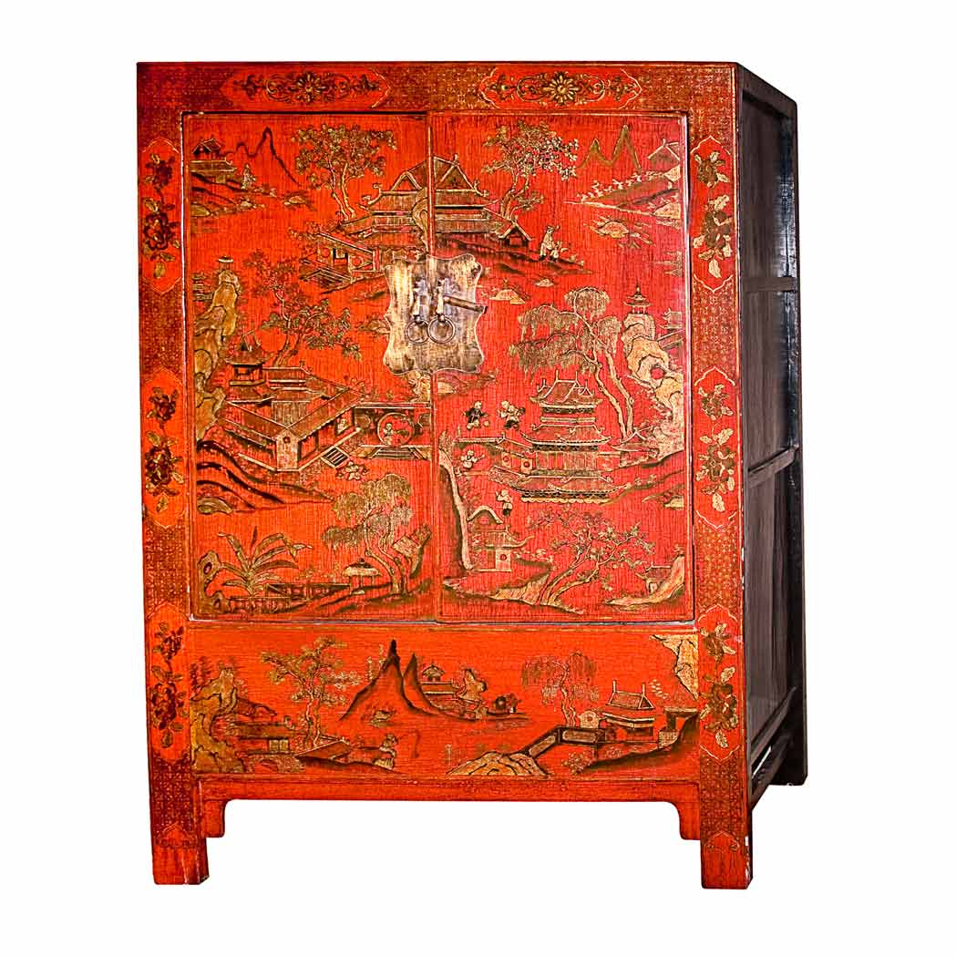 Appraisal: Chinese Gilt Decorated Red Painted Cabinet Height inches width inches