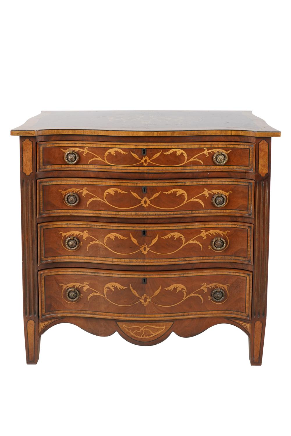 Appraisal: MARQUETRY-INLAID SERPENTINE CHEST OF DRAWERS th century with four graduated