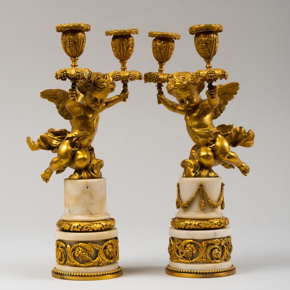 Appraisal: Pair of Louis XVI Style Ormolu and Marble Two-Light Candelabra