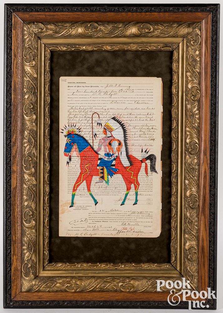 Appraisal: Chata Paul contemporary Native American ledger art Chata Paul contemporary