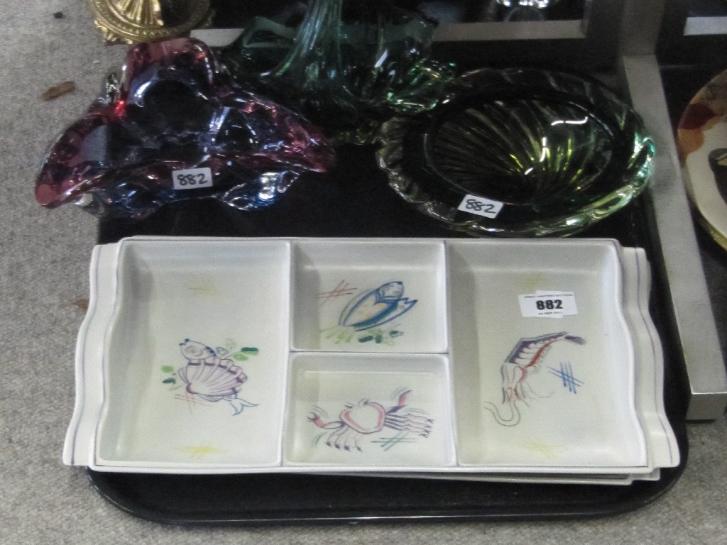 Appraisal: Two Poole Pottery hors d'oeuvre dishes and three pieces of