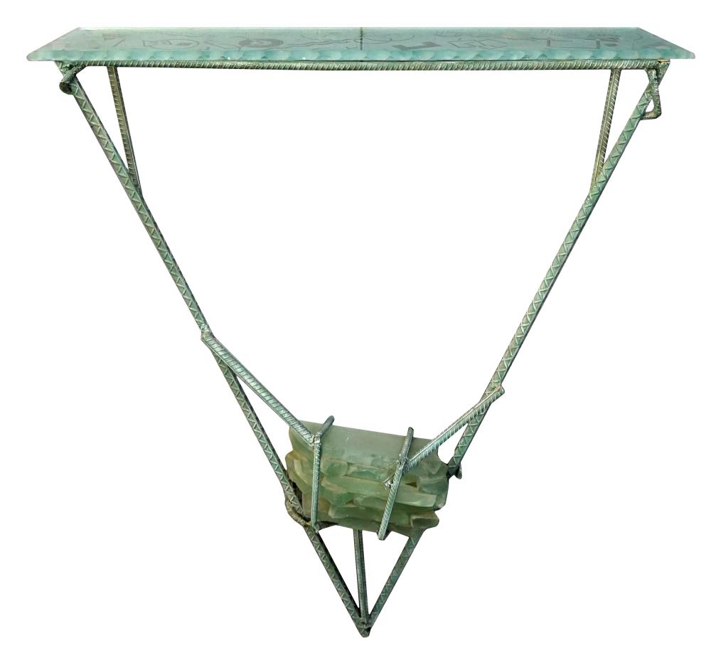 Appraisal: IRON CONTEMPORARY METAL GLASS CONSOLE TABLEwith two etched frosted glass