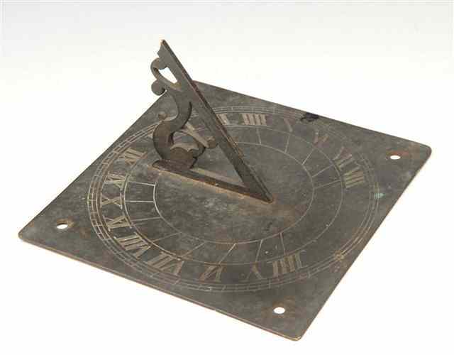 Appraisal: AN OLD BRASS SQUARE SUN DIAL with pierced gnome man