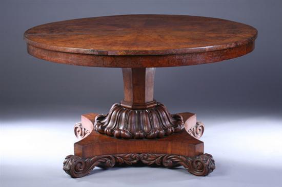 Appraisal: ENGLISH REGENCY BURLED WALNUT TILT-TOP PEDESTAL CENTER TABLE th century