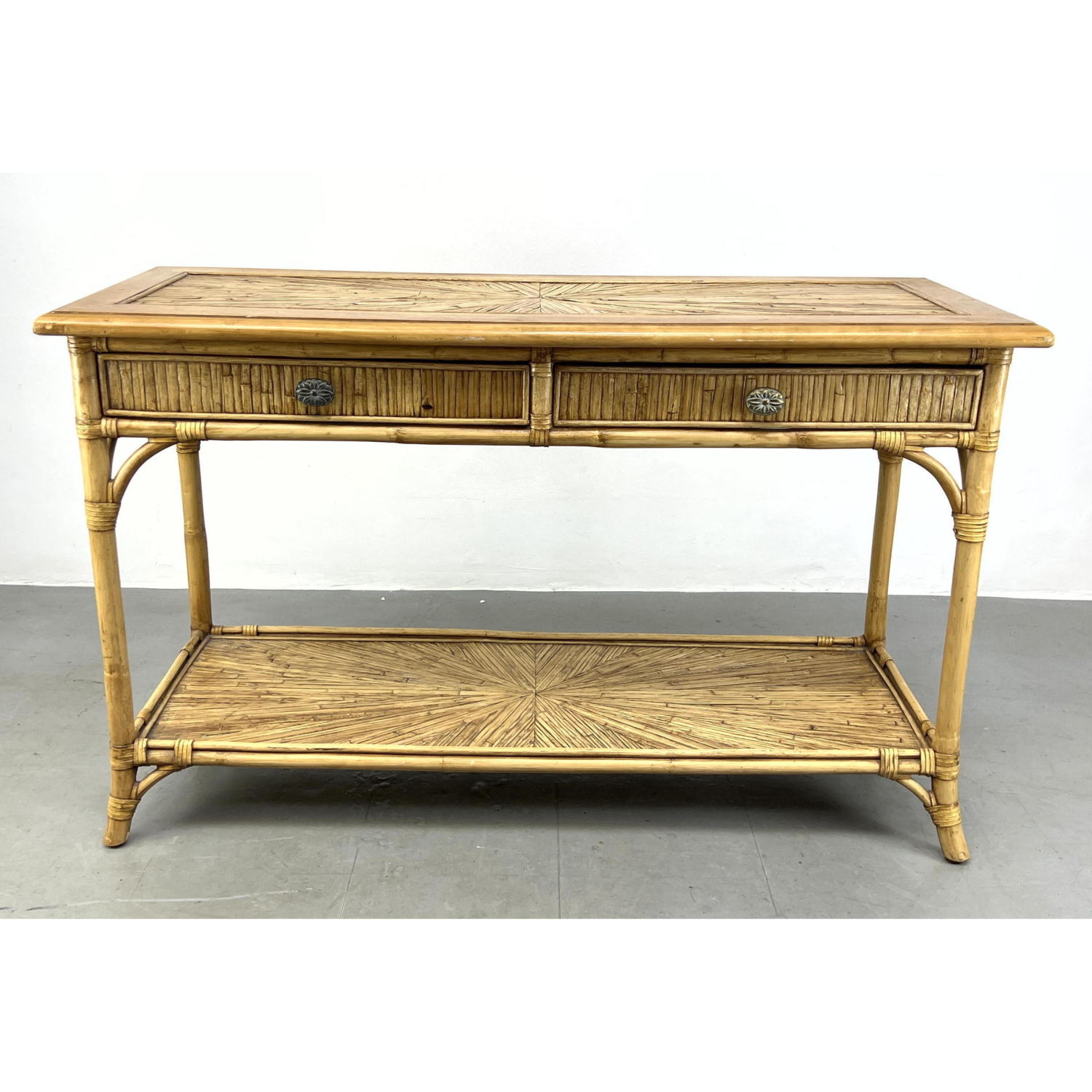 Appraisal: Rattan console table with two drawers Bamboo Starburst Inlay on