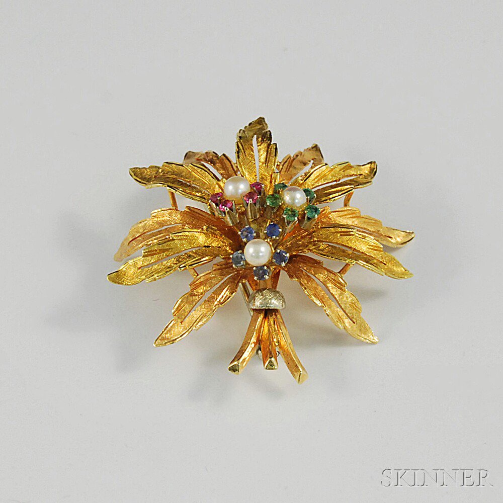 Appraisal: Italian kt Bicolor Gold Gem-set Floral Brooch the flower with